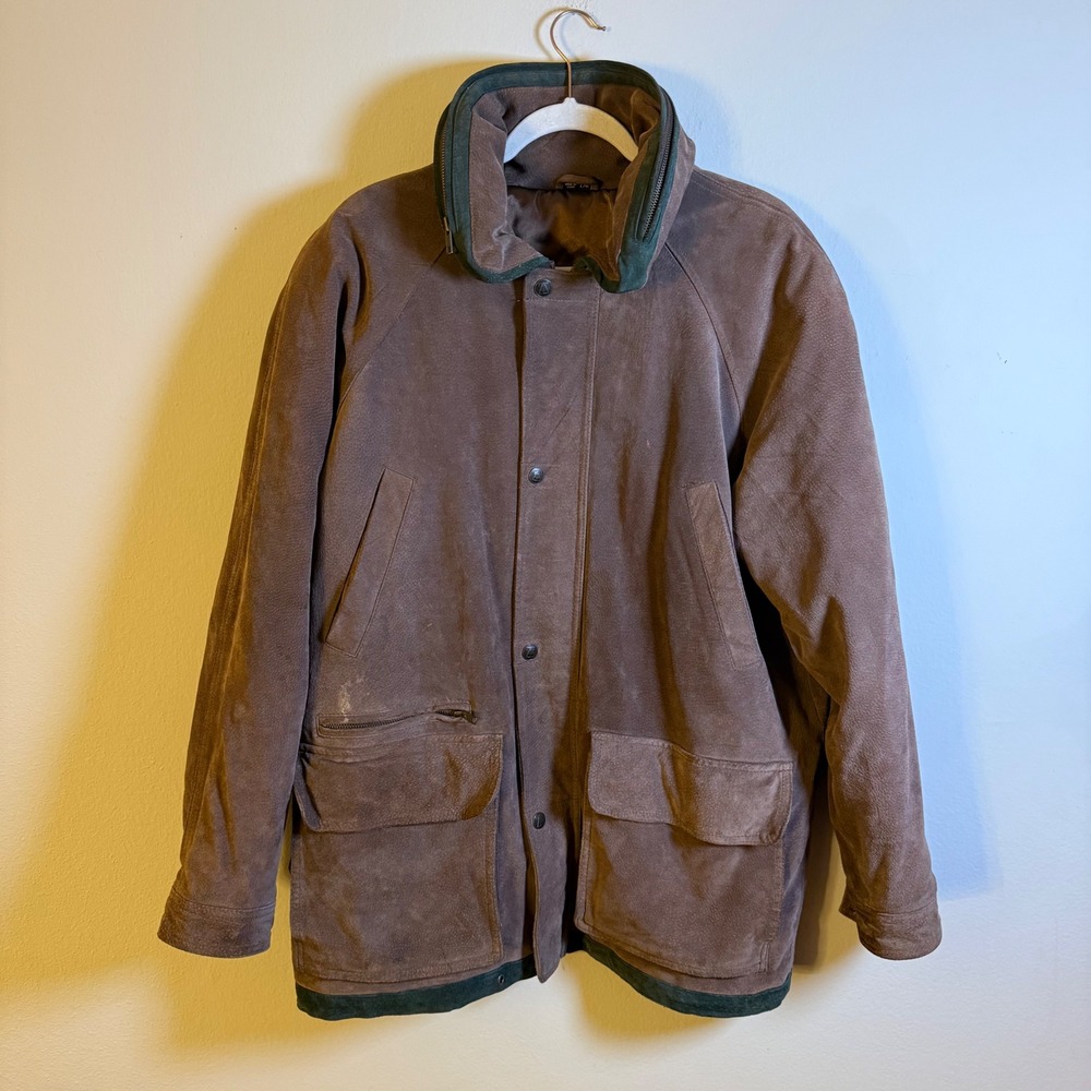 Zeidler & Zeidler Mens Brown Suede Leather Field‎ Jacket Green Trim Large L/G